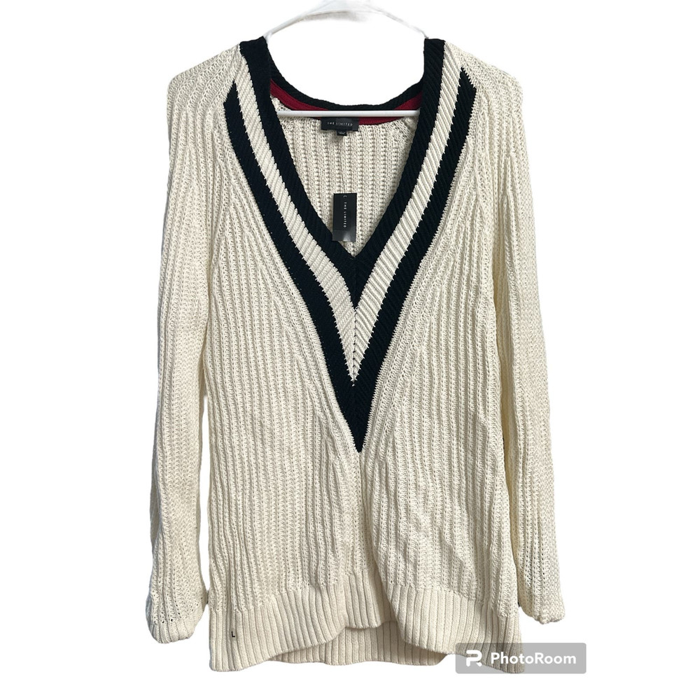 NWT The Limited Preppy V neck Cotton knit sweater pullover size L white & black